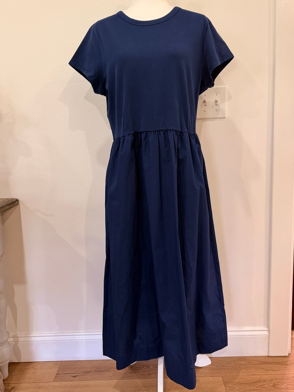 J. Crew Navy Short-Sleeve Midi Dress with Gathered Waist